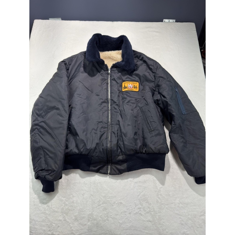 Western Oceanic Jacket Mens XL Blue Nylon Bomber Sherpa Lined USA Patch Workwear